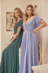 Graceful Elegance: Flutter Sleeve Formal Bridesmaid Dress with Cascade Back for Timeless Glamour