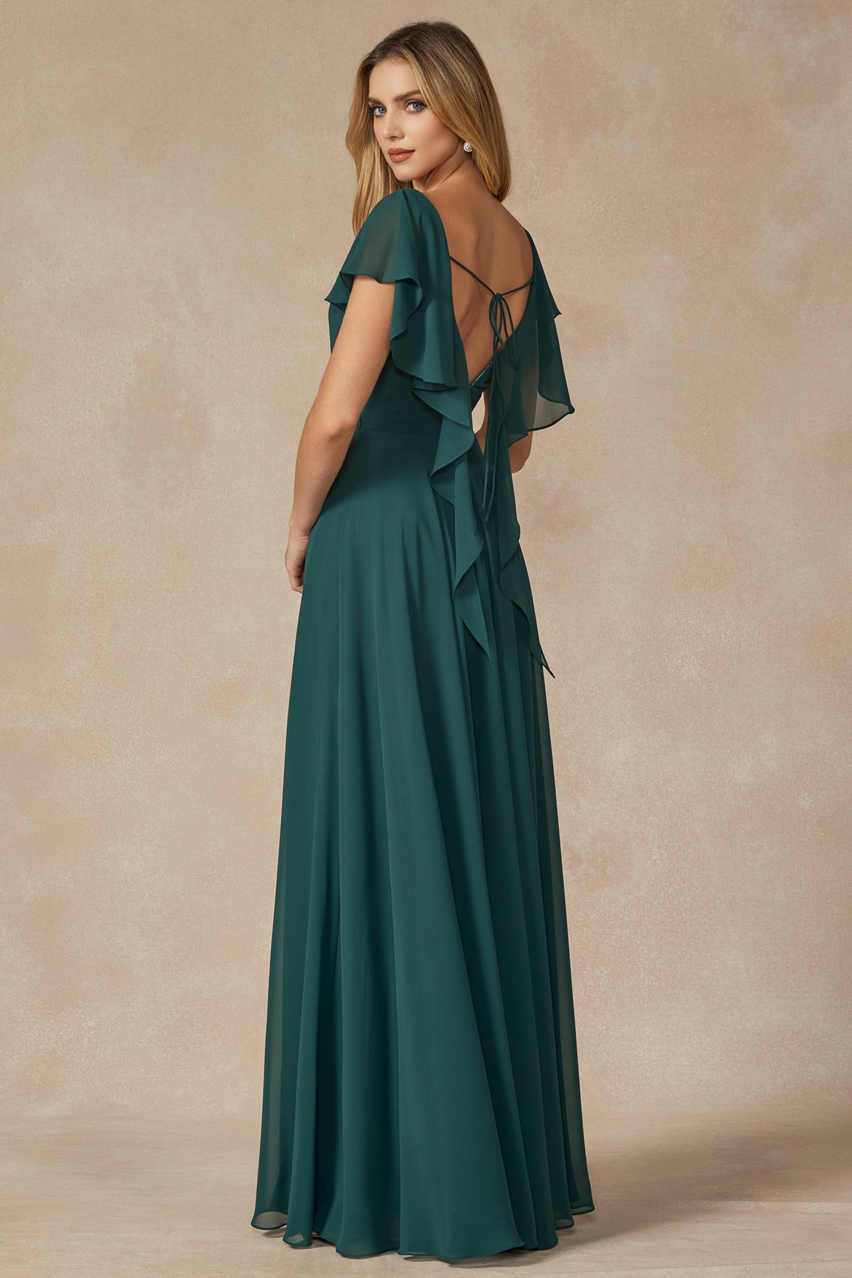 Enchante Your Wardrobe: Flutter Sleeve Formal Bridesmaid Dress with Cascading Back by Ever After