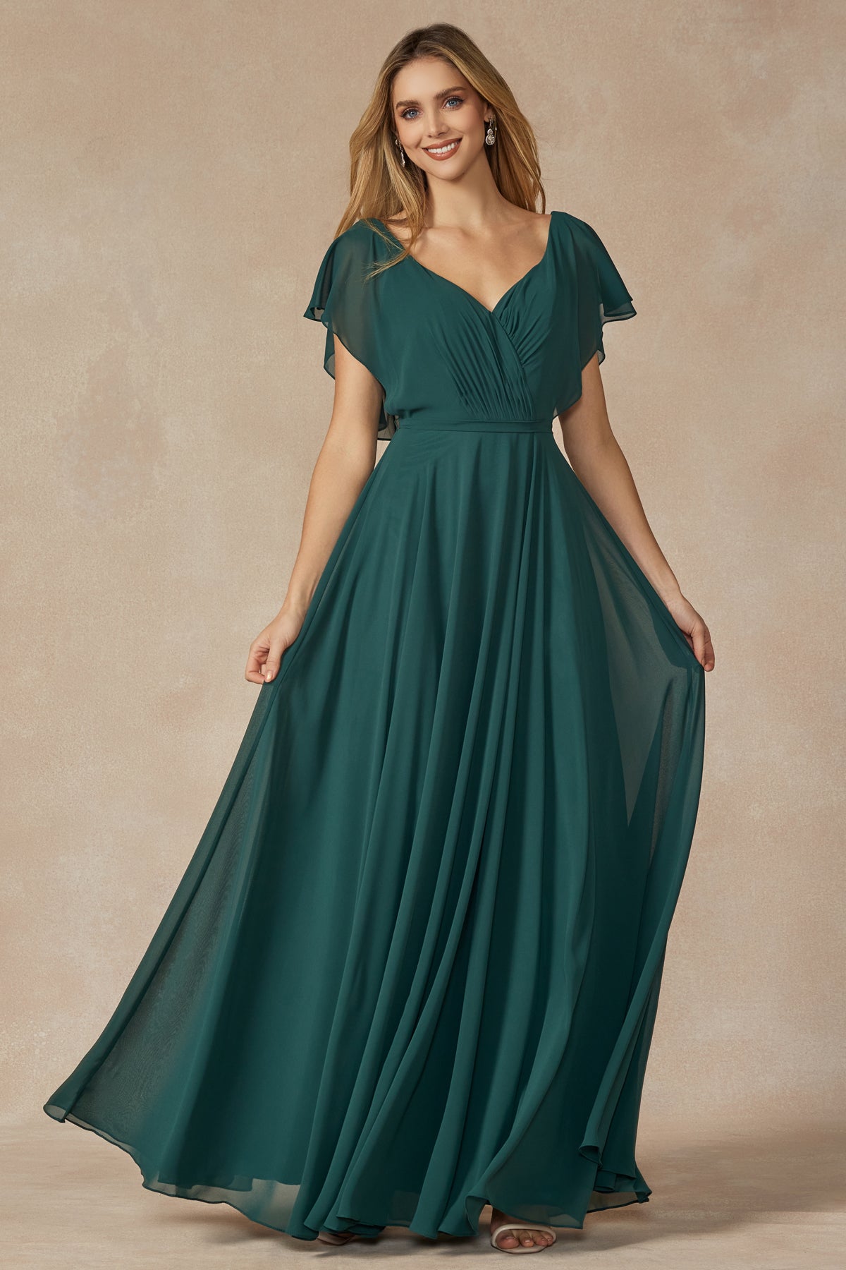 Ethereal Elegance: Flutter Sleeve Formal Bridesmaid Dress with Cascade Back by Graceful Elegance