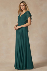 Graceful Elegance: Flutter Sleeve Formal Bridesmaid Dress with Cascade Back for Timeless Glamour