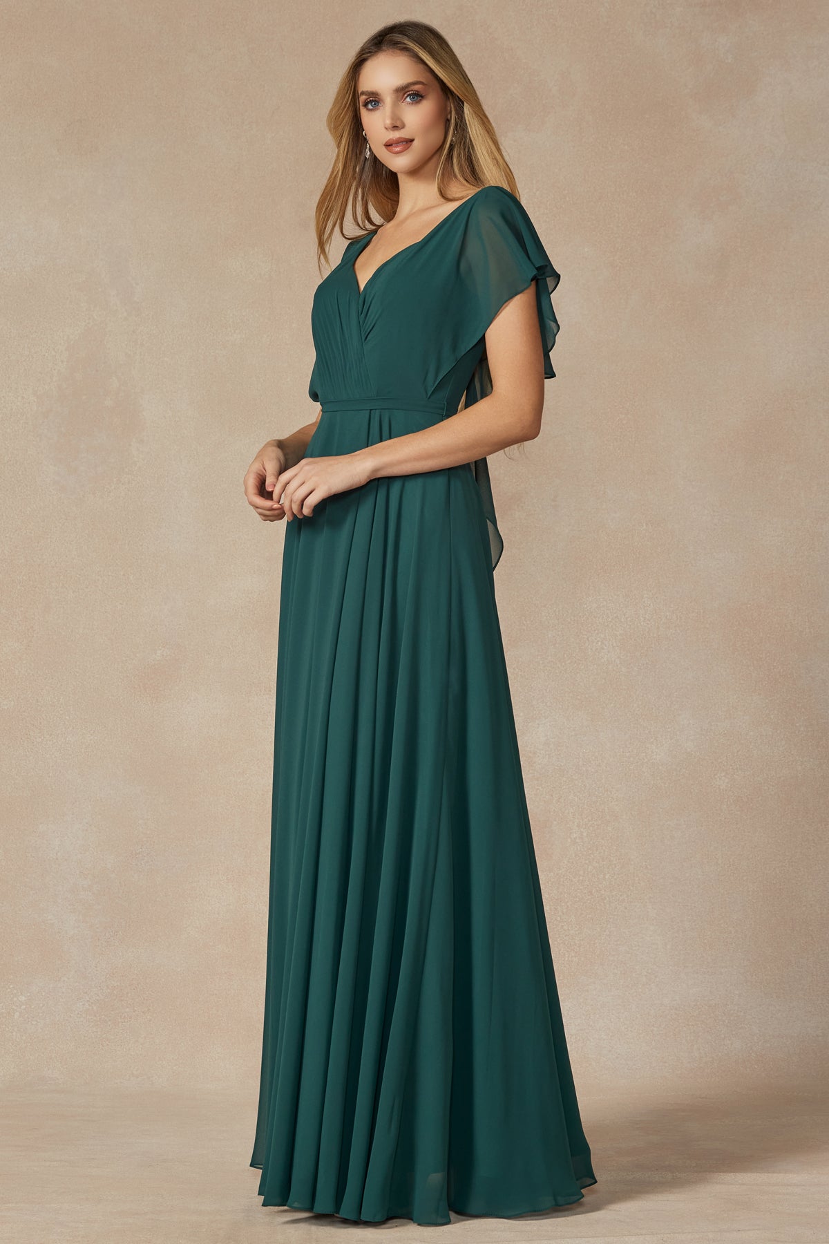 **Captivating Elegance: Flutter Sleeve Bridesmaid Dress with Cascade Back**