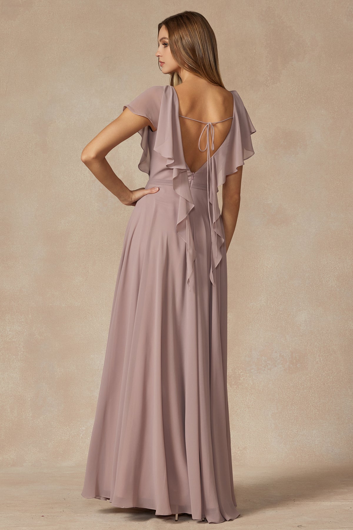 Enchante Your Wardrobe: Flutter Sleeve Formal Bridesmaid Dress with Cascading Back by Ever After