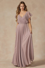 **Captivating Elegance: Flutter Sleeve Bridesmaid Dress with Cascade Back**