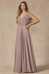 **Captivating Elegance: Flutter Sleeve Bridesmaid Dress with Cascade Back**
