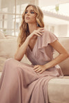 **Captivating Elegance: Flutter Sleeve Bridesmaid Dress with Cascade Back**