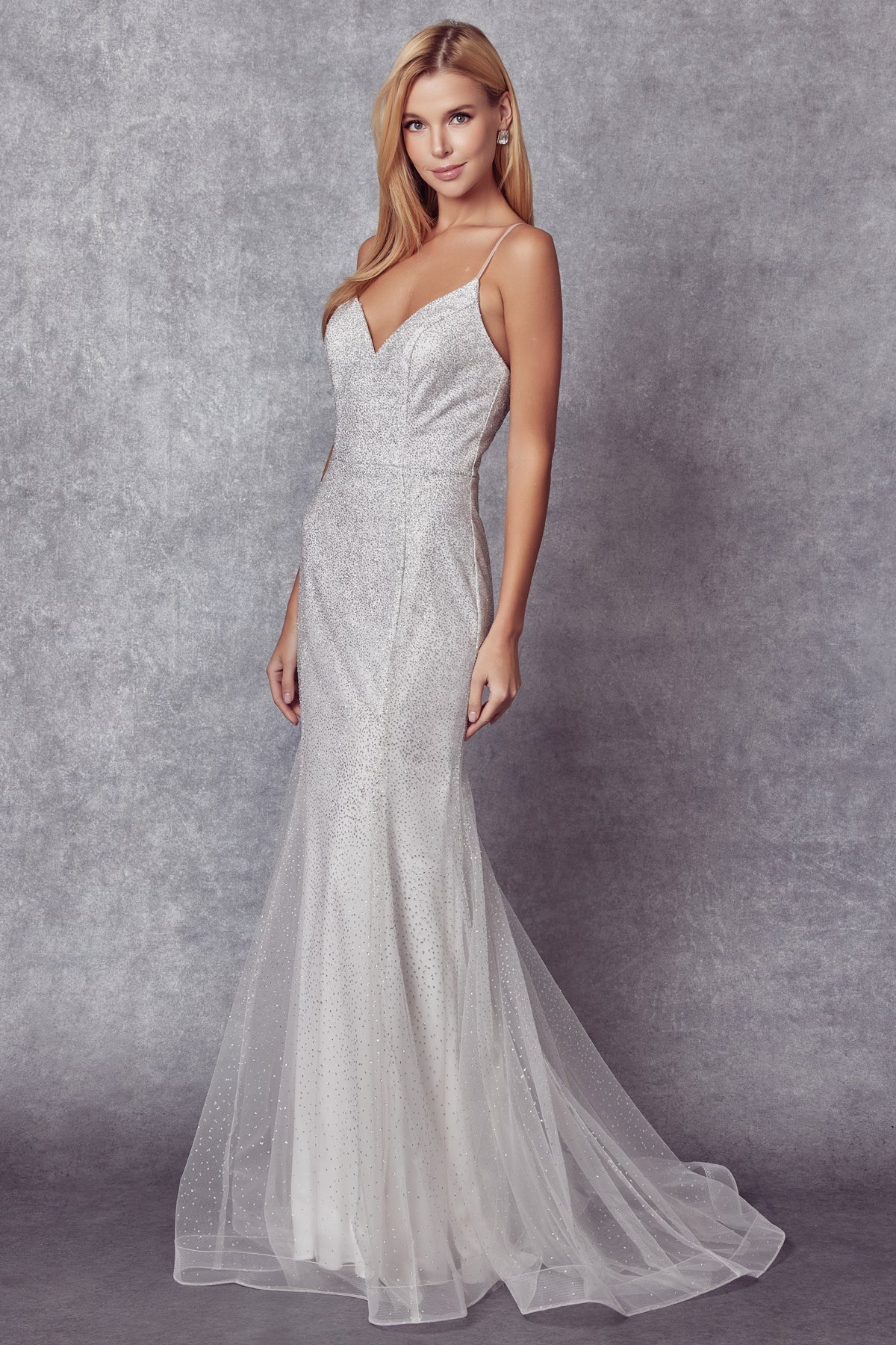 Everlasting Elegance: Enchanting Glitter Mesh Fitted Wedding Gown