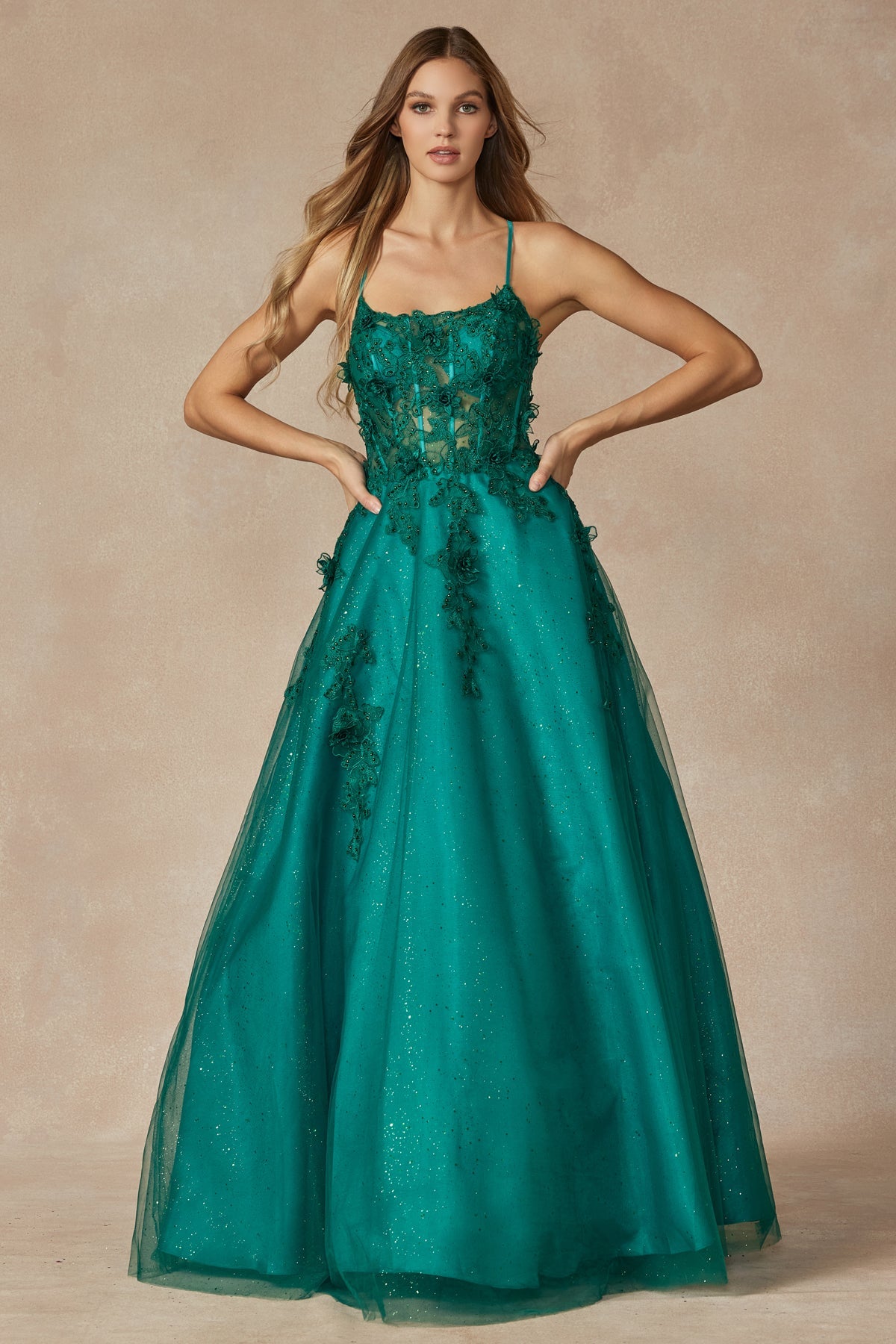 Enchanted Dreams Flower Corset Bodice A-Line Prom Gown: Shimmering Elegance for Your Special Night