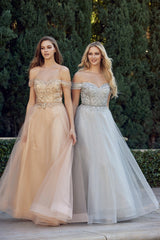 Everlasting Elegance's Off-the-Shoulder Beaded Chiffon Prom Dress: Ethereal Beauty for Unforgettable Moments