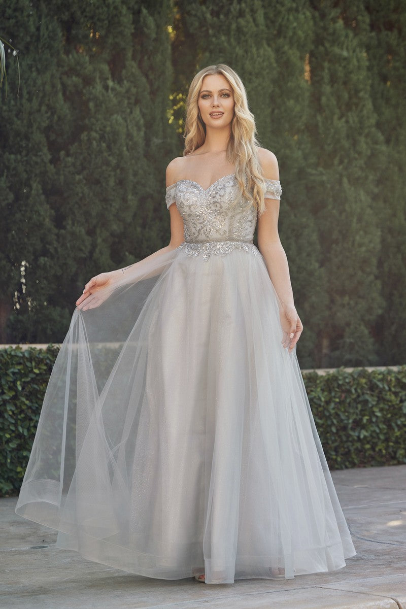 Enchanting Elegance: Off-the-Shoulder Prom Dress with Shimmering Beads