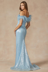 **Enchanted Evening's Feather-Necked Prom Gown: A Symphony of Elegance and Allure**