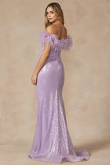 Allure Couture's Enchanting Feather-Necked Off-the-Shoulder Gown: A Vision of Elegance and Grace