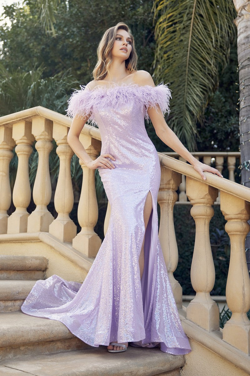 **Enchanted Evening's Feather-Necked Prom Gown: A Symphony of Elegance and Allure**