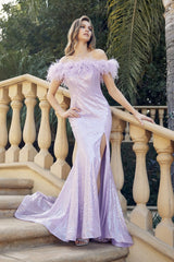 Allure Couture's Enchanting Feather-Necked Off-the-Shoulder Gown: A Vision of Elegance and Grace