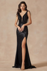 Elevate Your Elegance: Feathered Deep V-Neck Trumpet Dress by Elegante