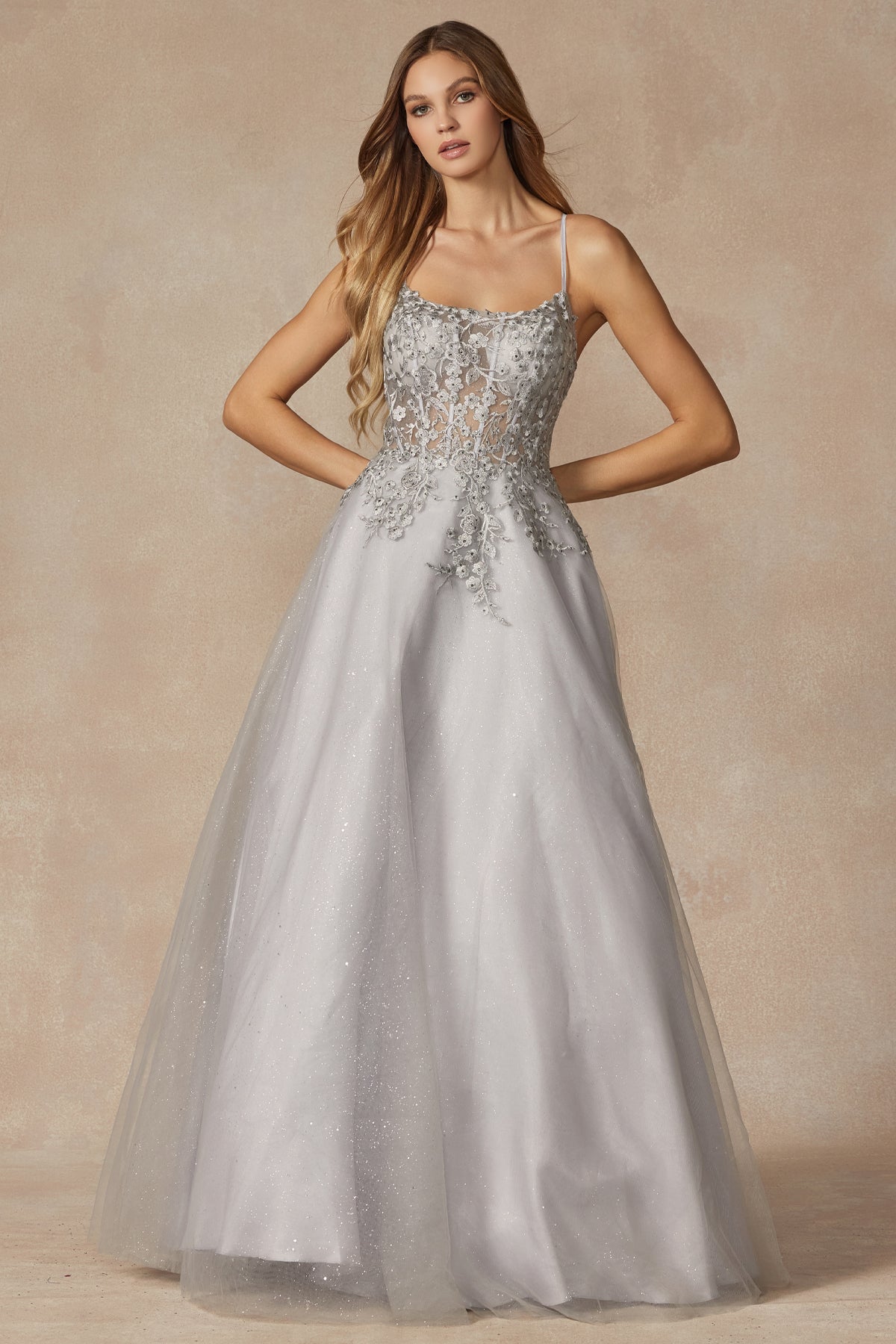 Enchanting Lace Gown: Corset Bodice, Flowing Skirt, and Built-in Bra