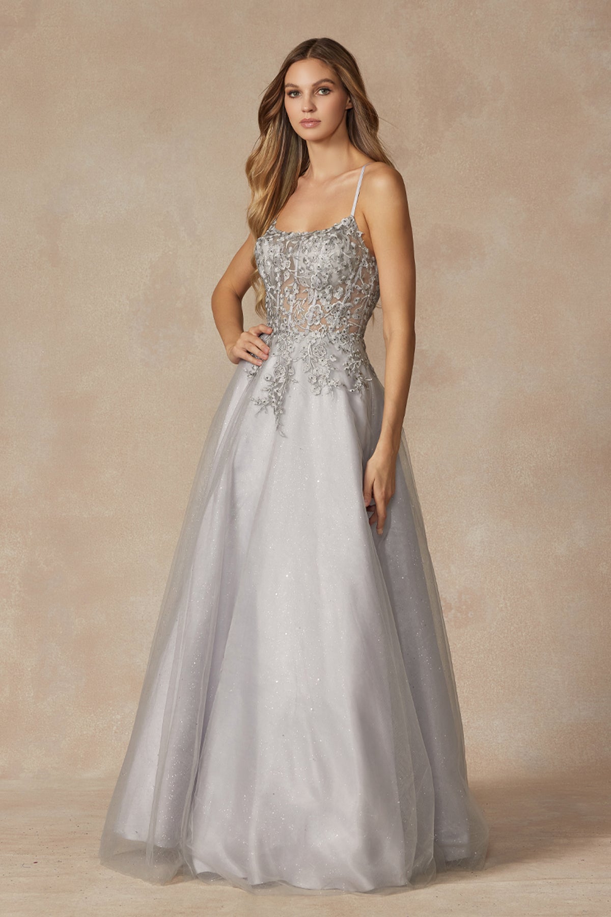 Enchanting Lace Gown: Corset Bodice, Flowing Skirt, and Built-in Bra