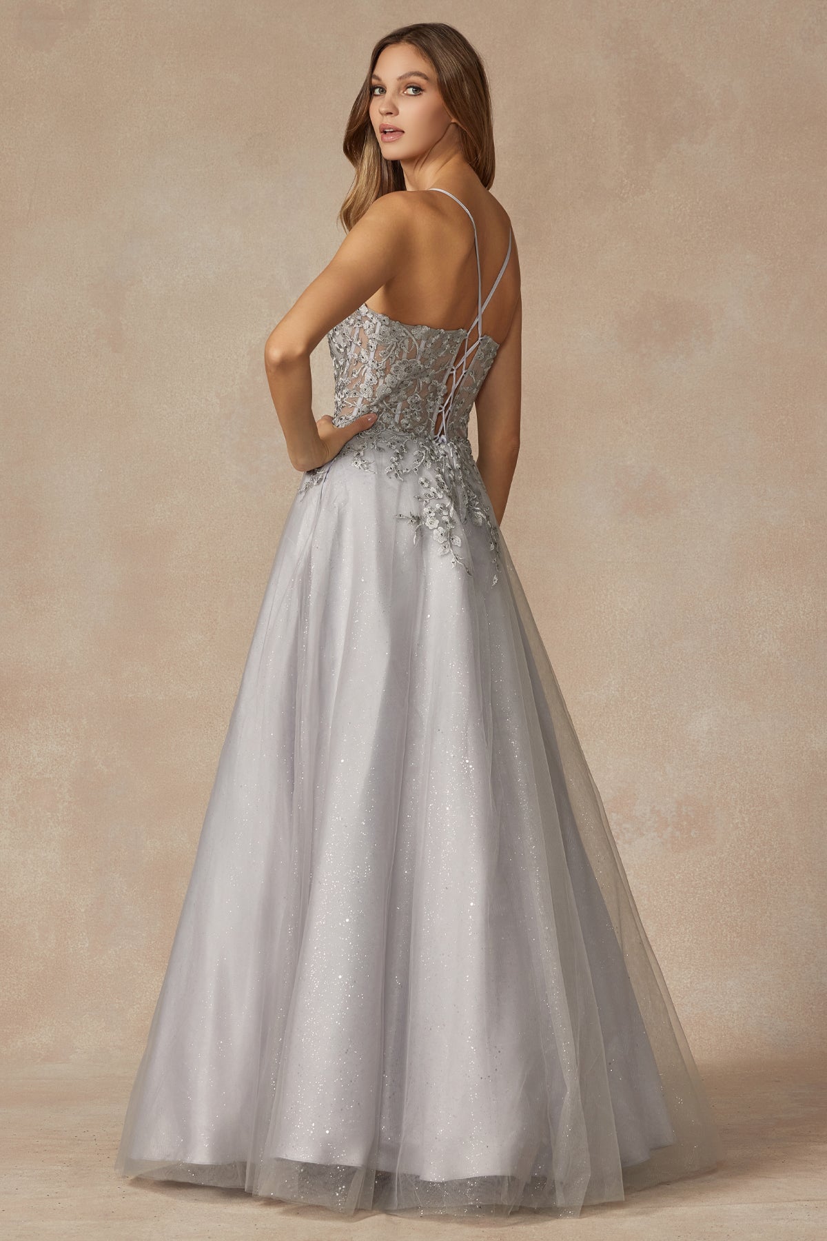 Enchanting Lace Gown: Corset Bodice, Flowing Skirt, and Built-in Bra