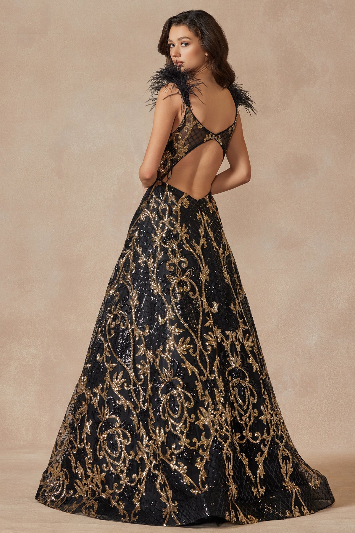 Enchanting Evenings: Shimmering Prom Gown with Ethereal Feathered Sleeves