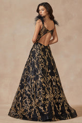 Enchanted Evenings: Shimmering Sequin Prom Gown with Feathered Cap Sleeves