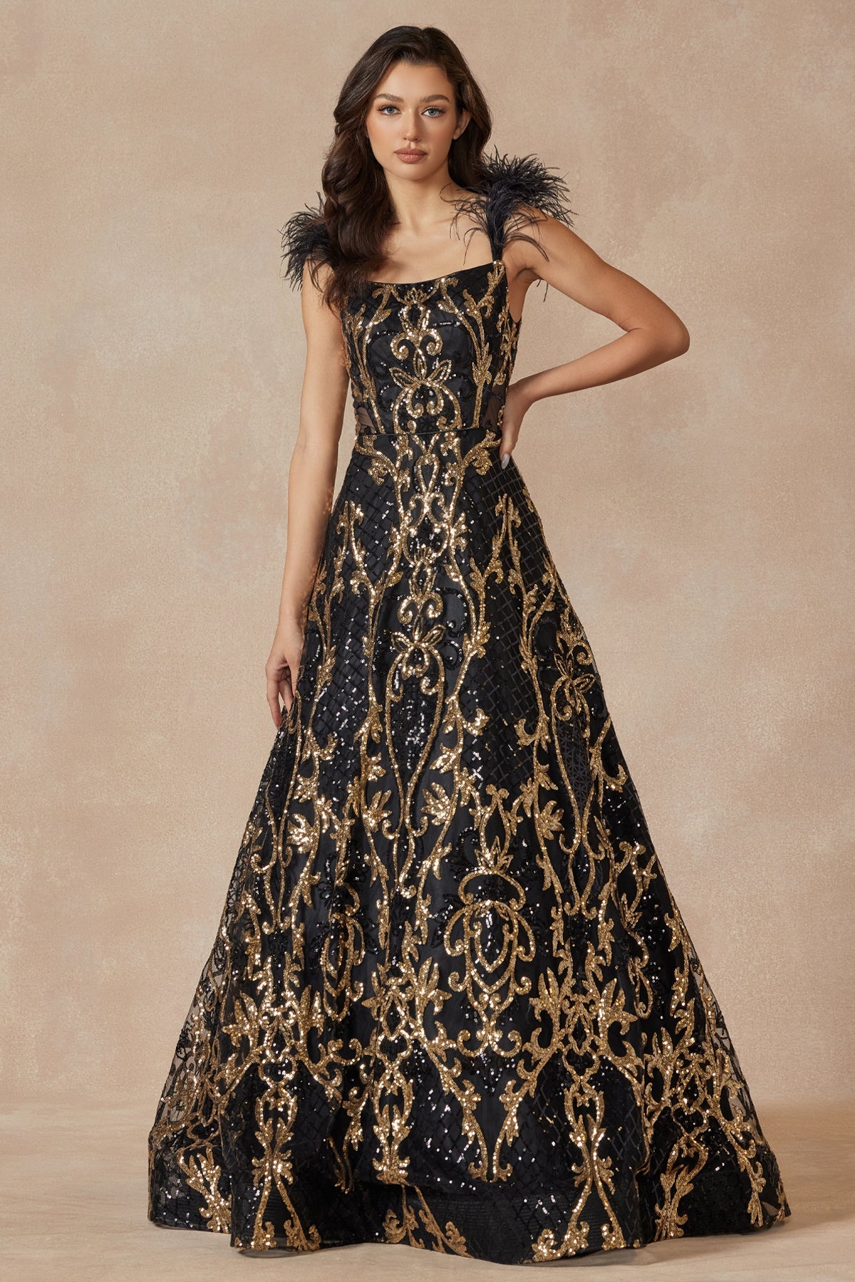 **Allure Prom Gown: Shimmering Elegance with Feathered Cap Sleeves**