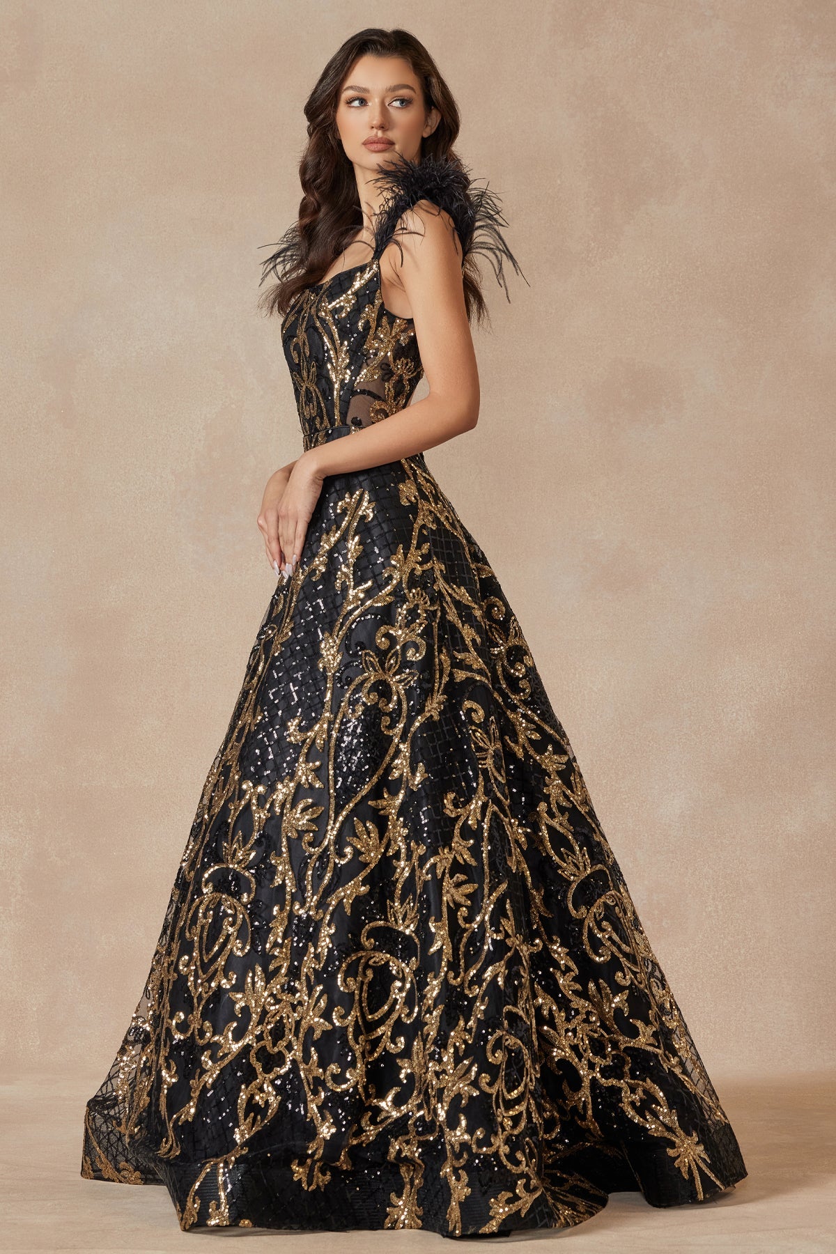 Enchanting Evenings: Shimmering Prom Gown with Ethereal Feathered Sleeves