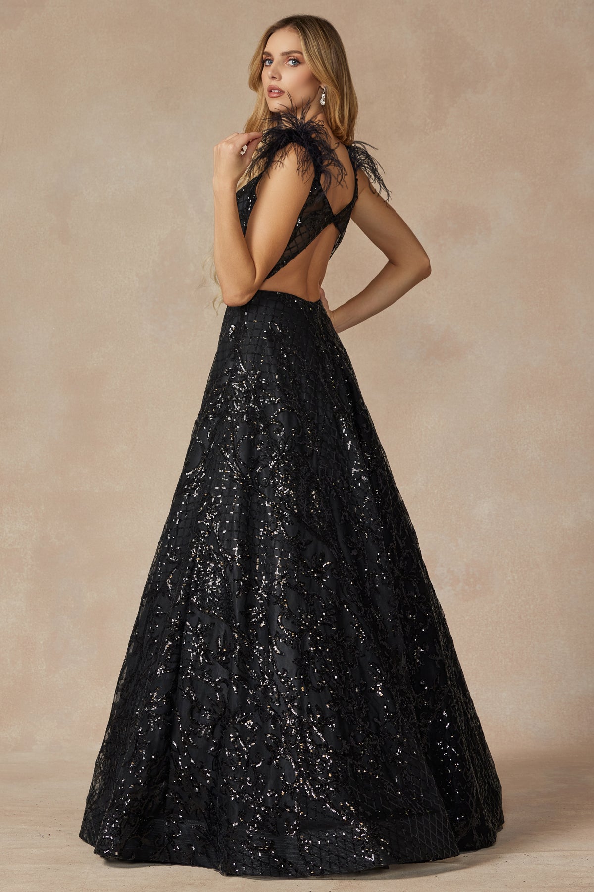 **Allure Prom Gown: Shimmering Elegance with Feathered Cap Sleeves**