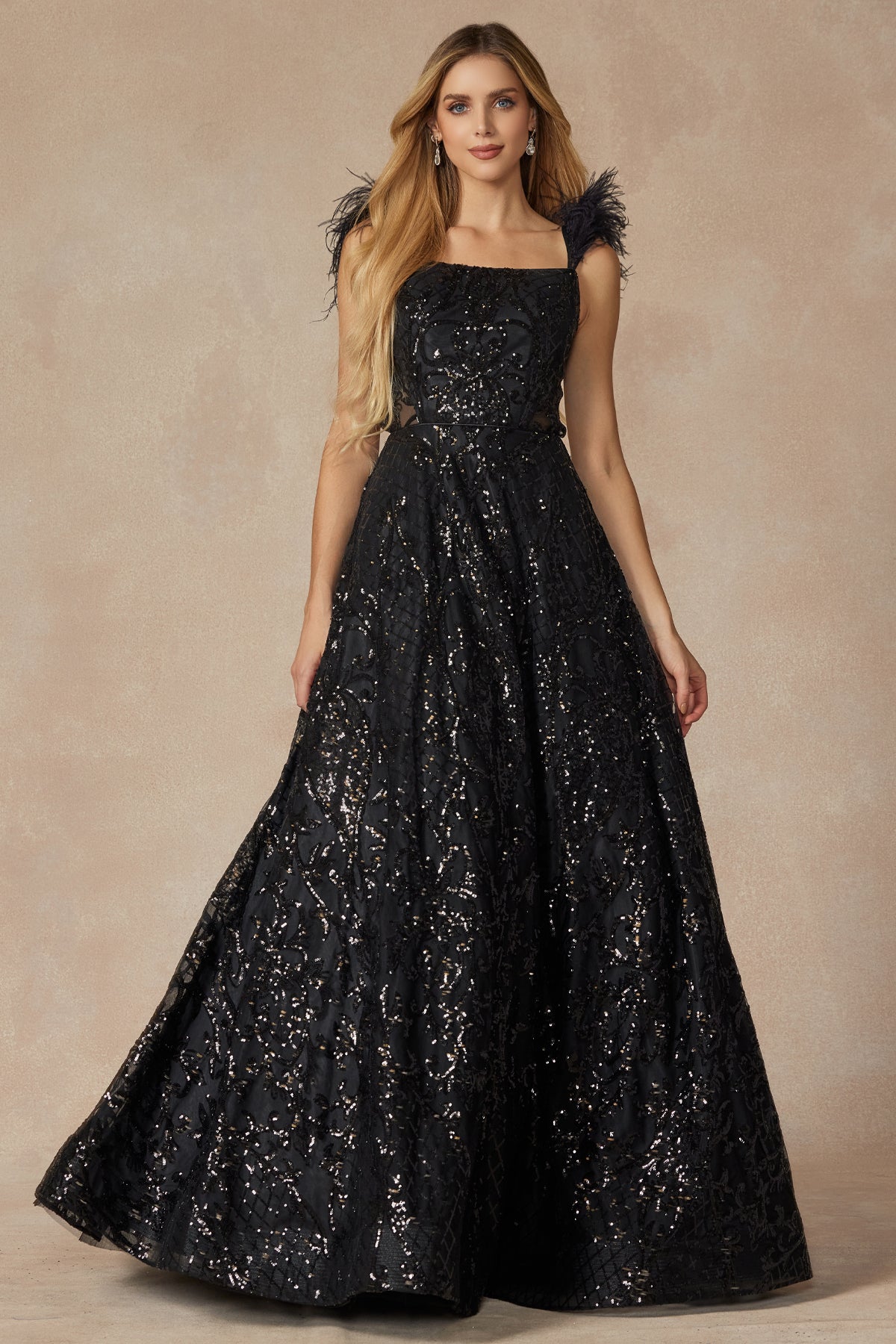 **Allure Prom Gown: Shimmering Elegance with Feathered Cap Sleeves**