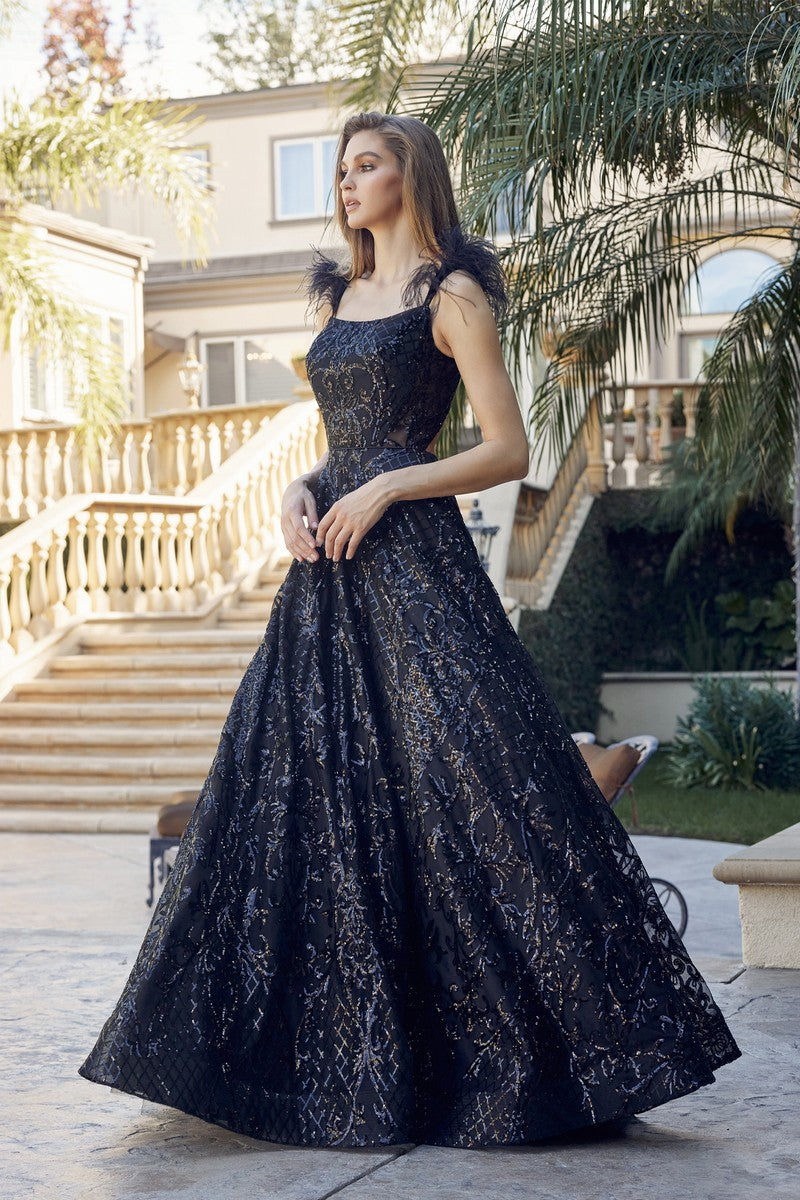 **Allure Prom Gown: Shimmering Elegance with Feathered Cap Sleeves**