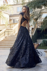 **Allure Prom Gown: Shimmering Elegance with Feathered Cap Sleeves**