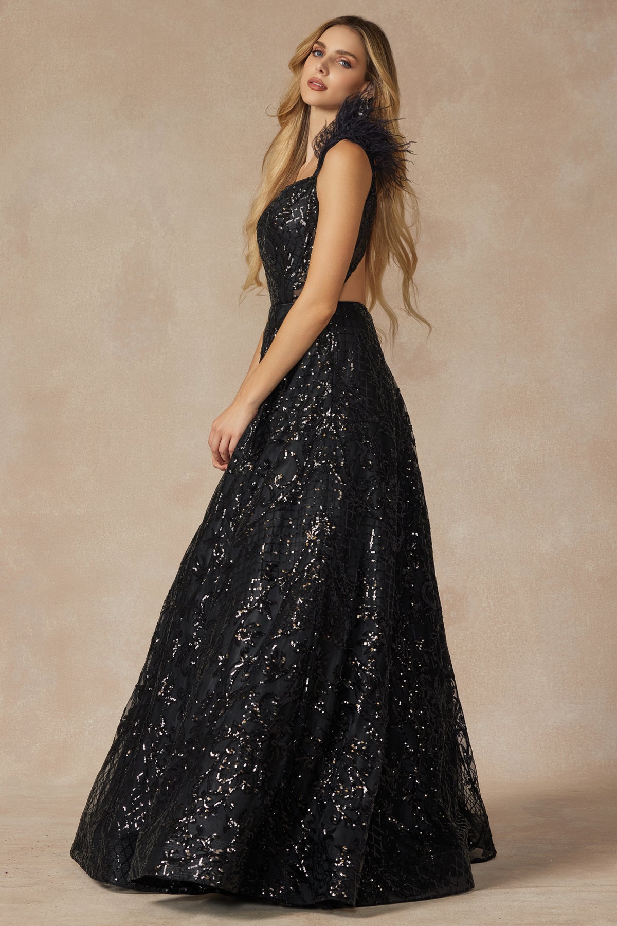 Enchanted Evenings: Shimmering Sequin Prom Gown with Feathered Cap Sleeves