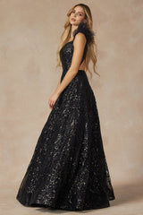 **Allure Prom Gown: Shimmering Elegance with Feathered Cap Sleeves**