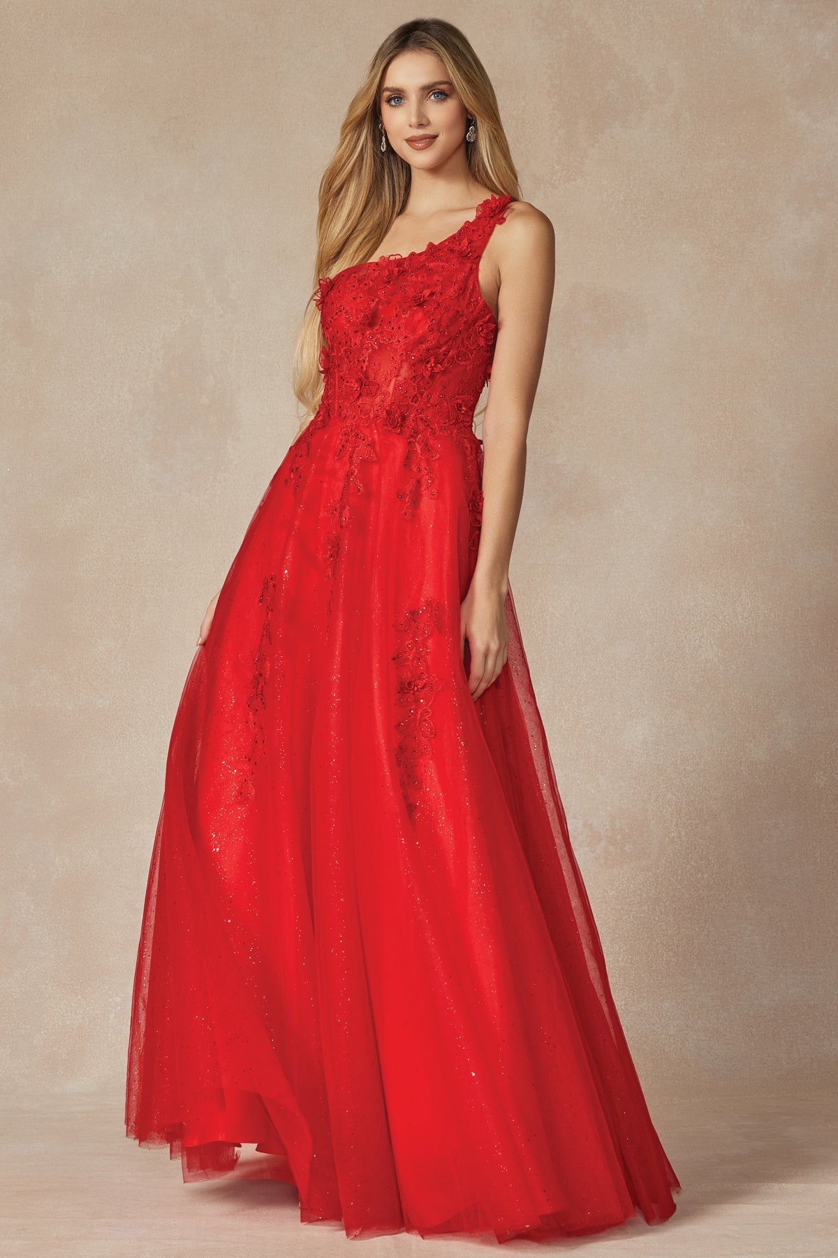 Enchanting Eve: Captivating One-Shoulder Prom Gown with 3D Floral Embellishments (A12345)