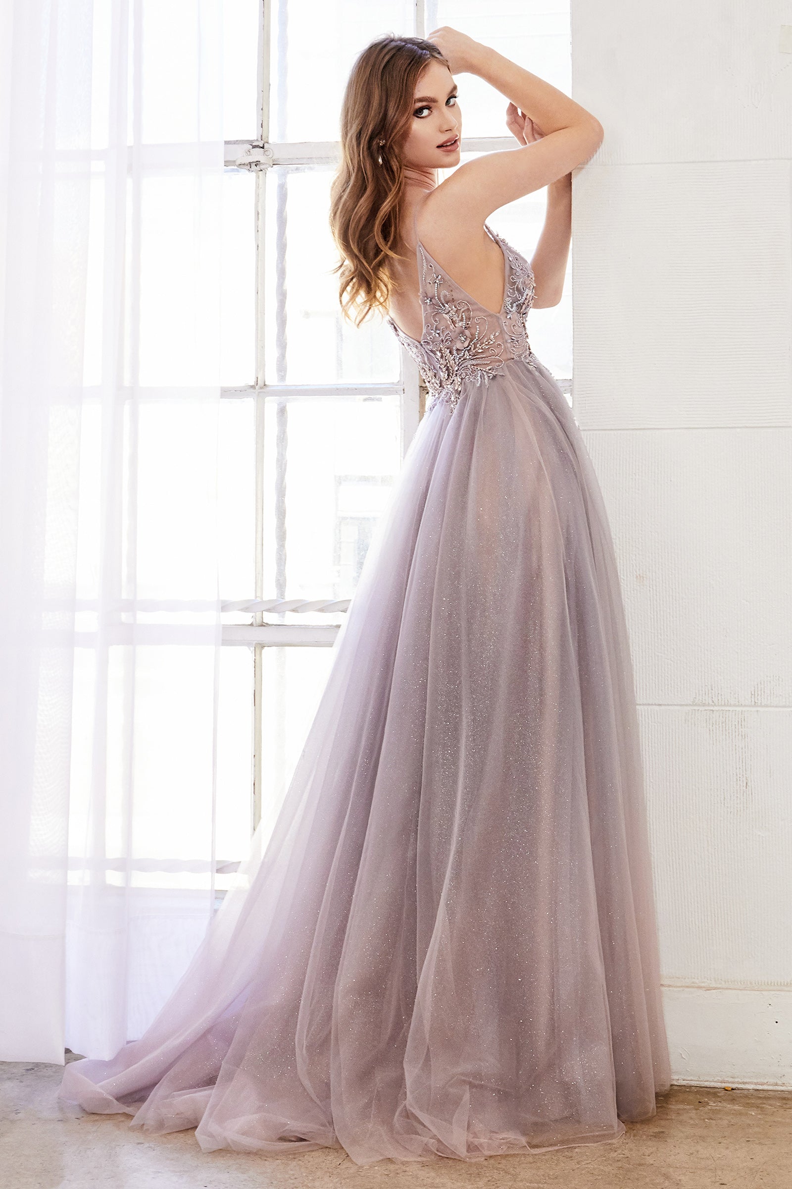 Luxe Couture: Enchanting V-Neck Gown with Thigh-High Slit and Sweep Train