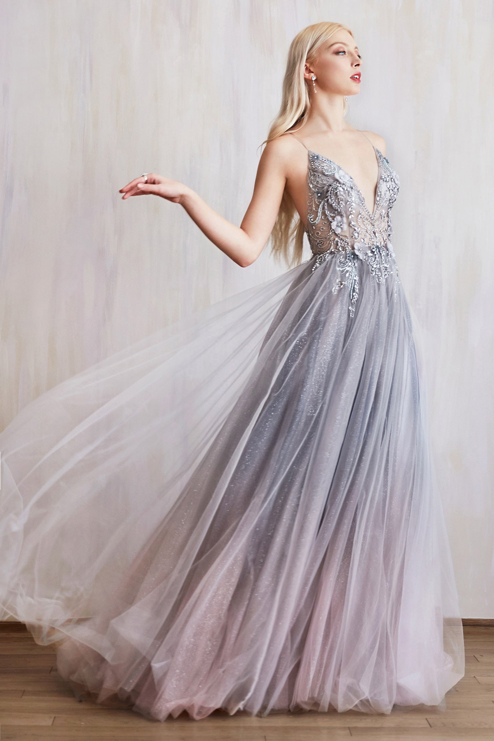 Divine Elegance: Captivating V-Neck Gown with Shimmering Embellishments and Flowing Tulle Skirt