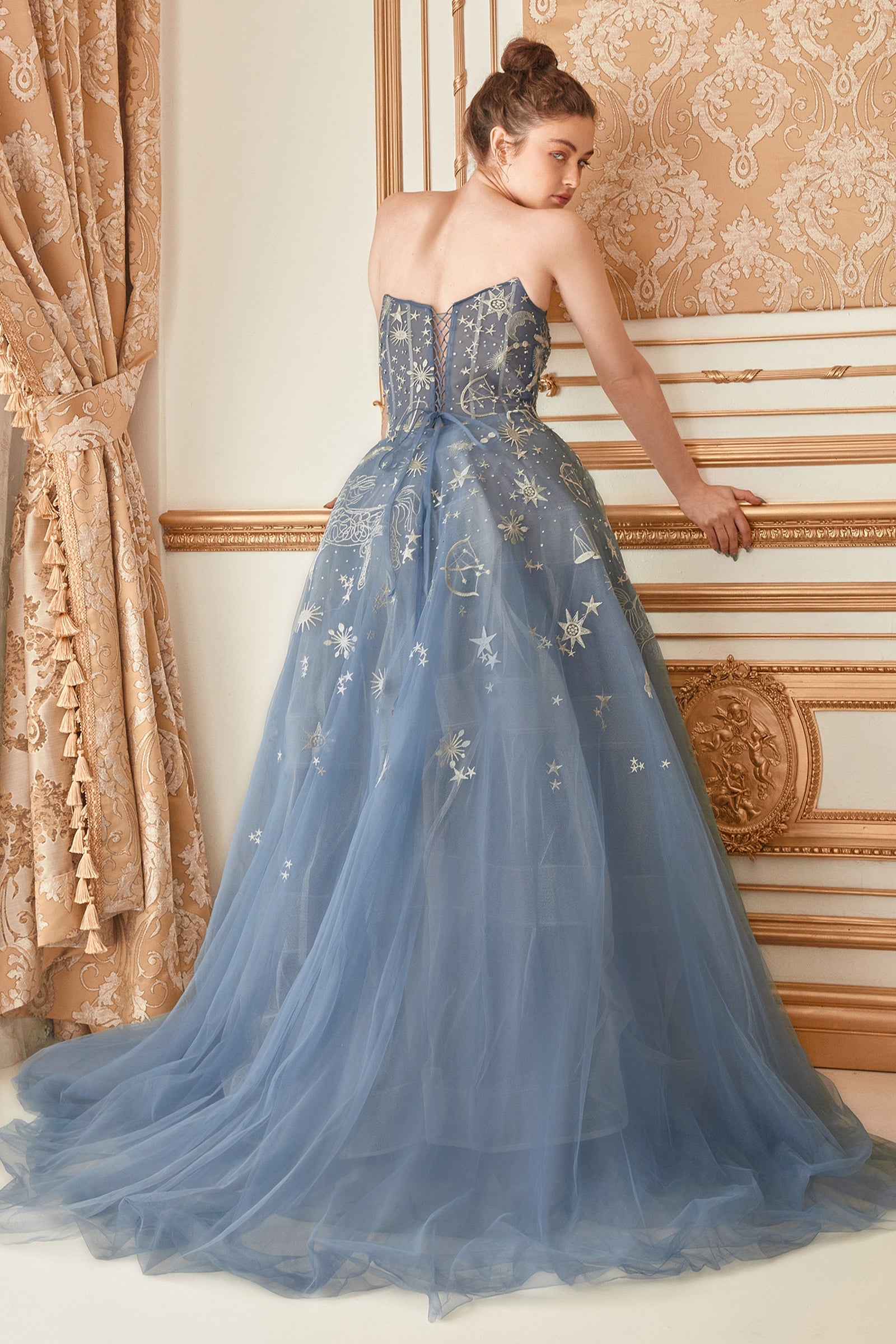 Celestial Enchantment: [Brand Name] Strapless Long Gown for a Galactic Night