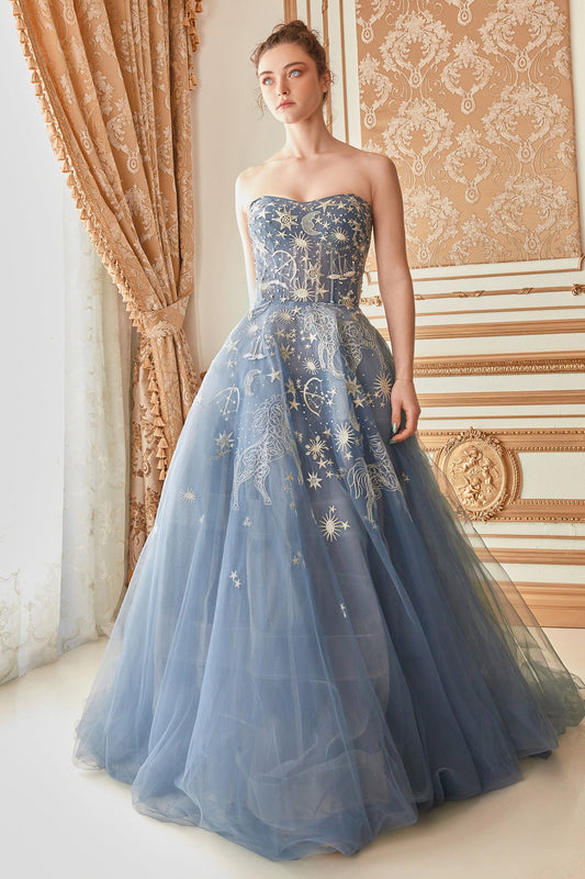 Celestial Dreams: Enchanting Strapless Gown for Cosmic Elegance