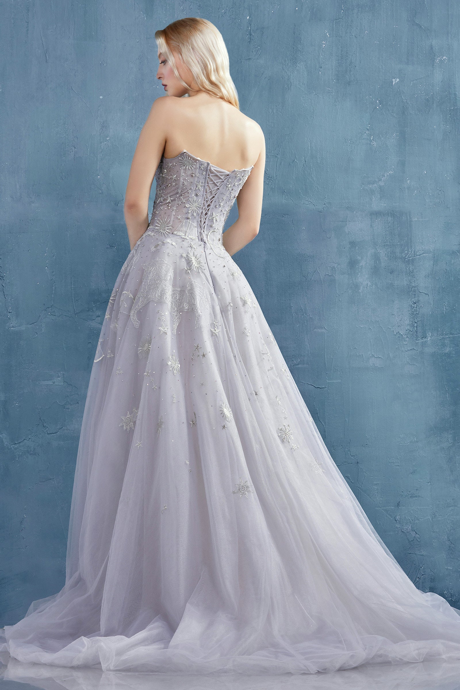 Celestial Couture: Captivating Strapless Gown for Unforgettable Occasions