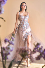 **Everlasting Elegance: Embroidered Floral Gown with Captivating Train**