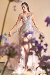 Enchanting Elegance: Embroidered Floral Gown with Deep V-Open Back for Special Occasions