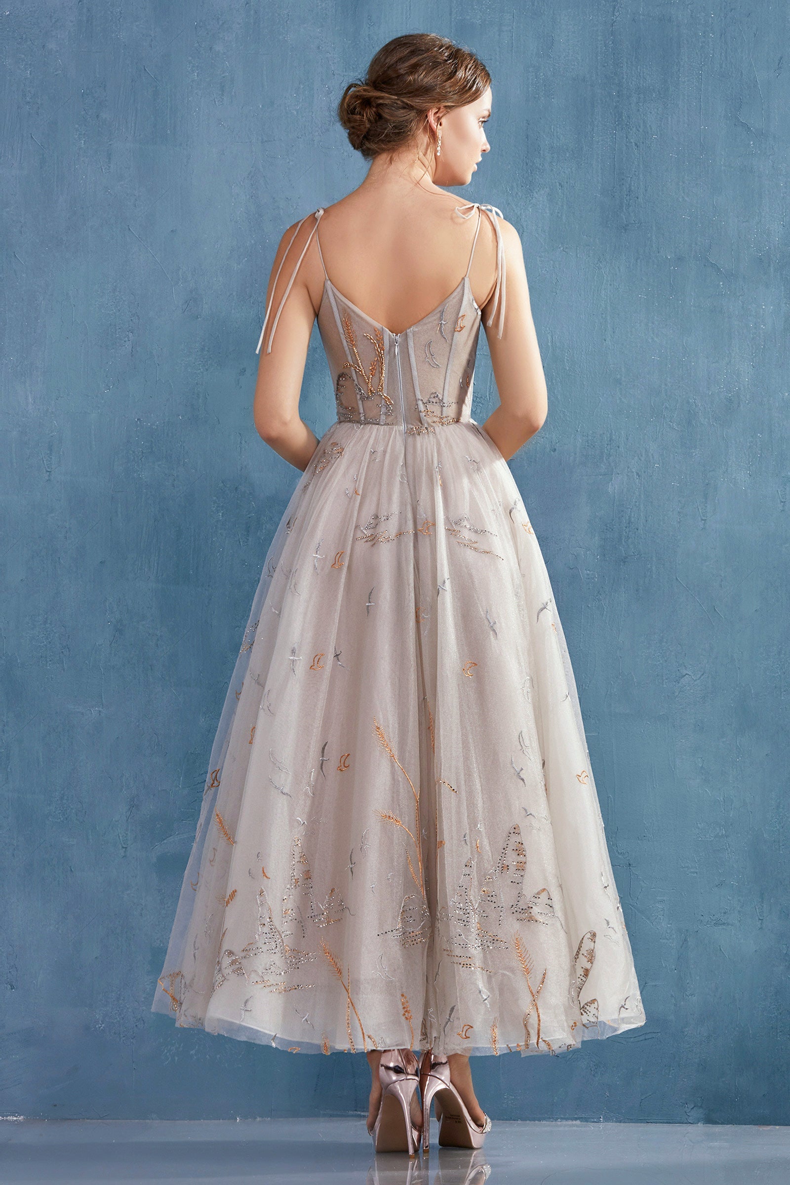 Celestial Couture's Bird-Embroidered A-Line Gown: Enchanting Elegance for Special Occasions