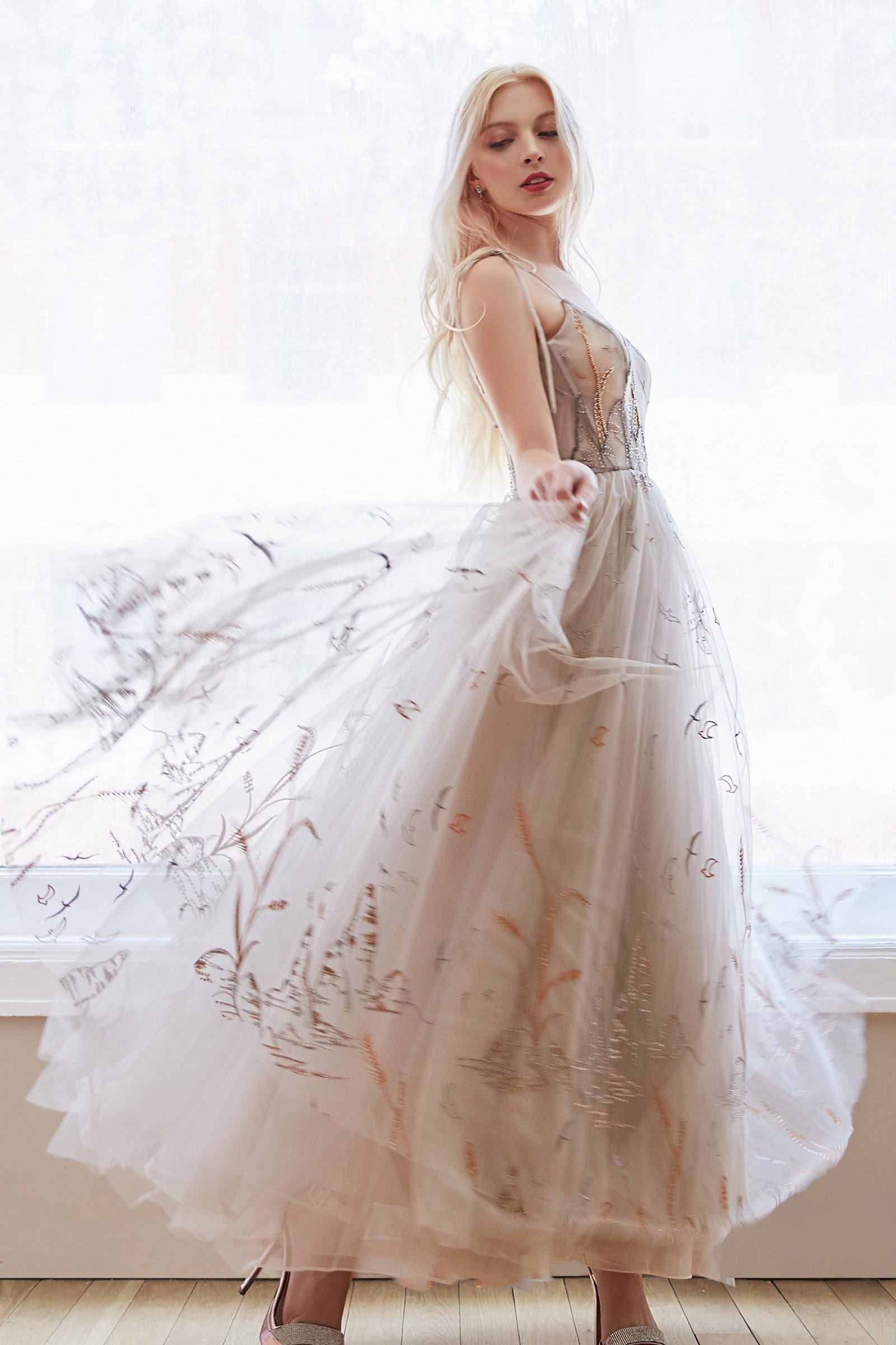 Celestial Couture's Bird-Embroidered A-Line Gown: Enchanting Elegance for Special Occasions