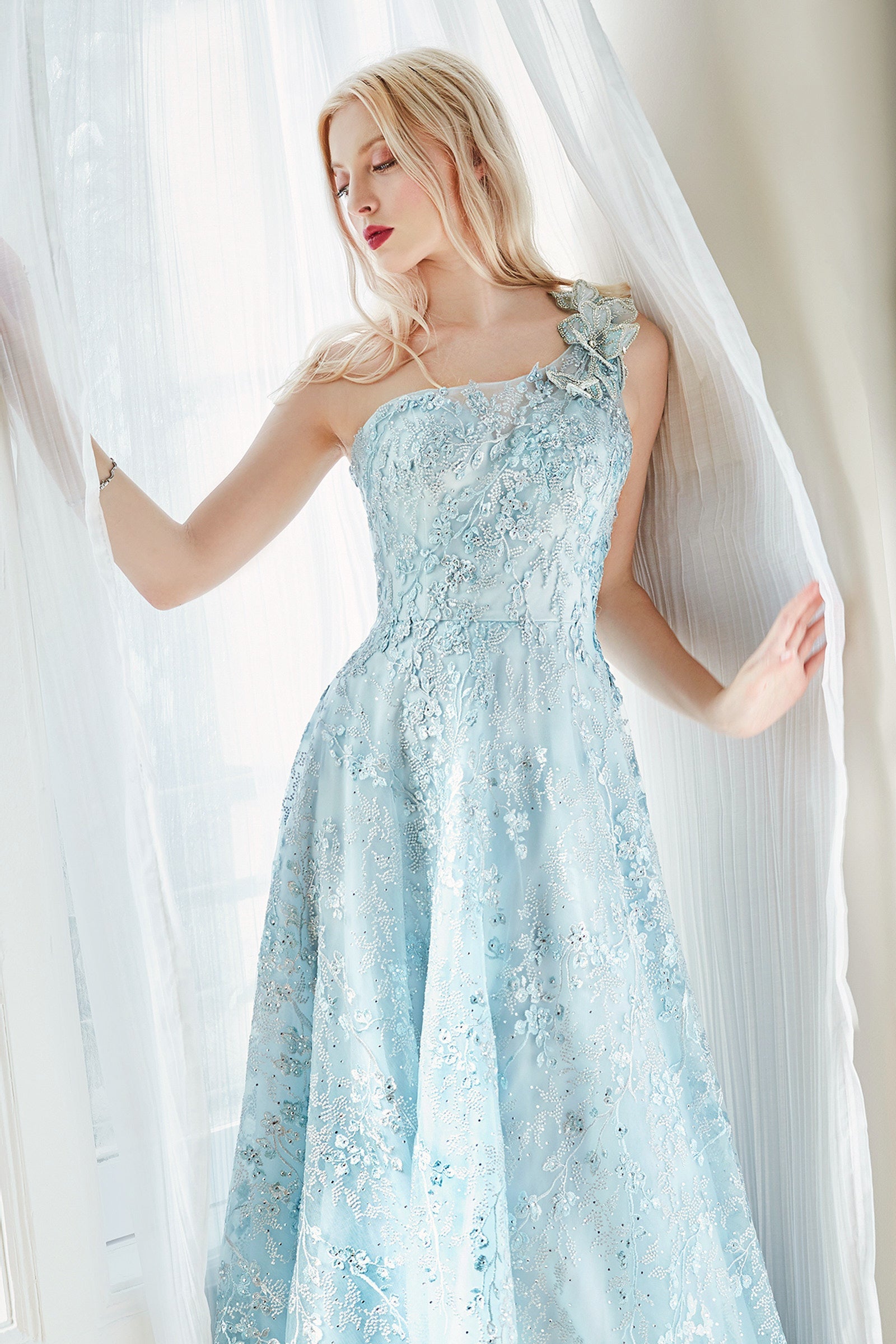 Allure Couture: Enchanting Evening Dress with Floral Embellishments and A-Line Grace