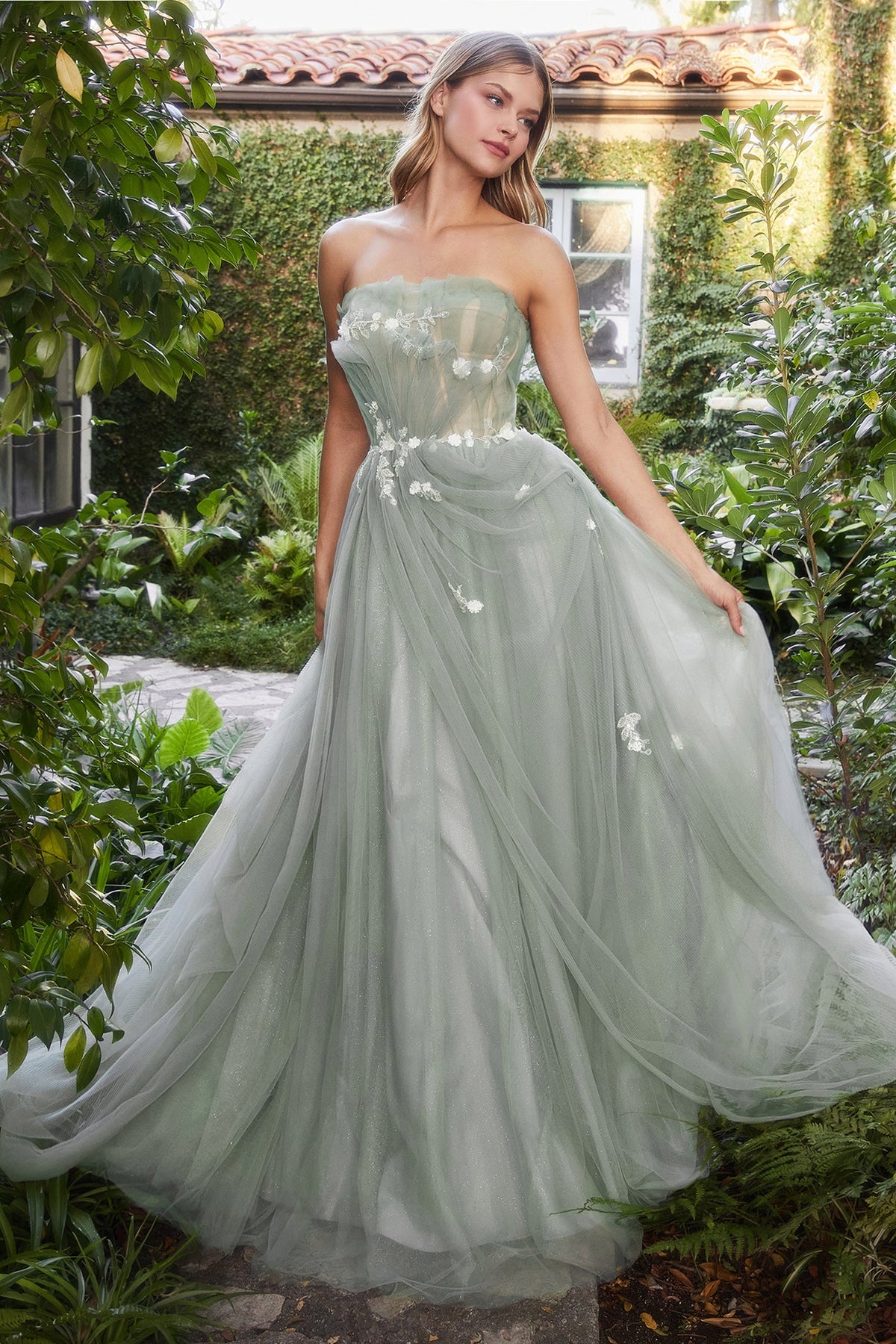 Enchanting Elegance: Strapless Floral AppliquÃ© Dress with Shimmering Glitter Skirt