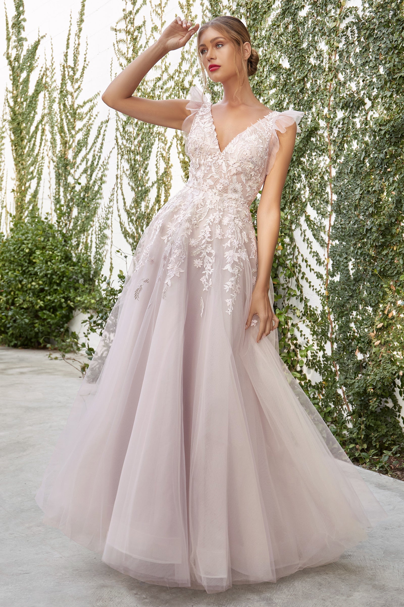 Luxe & Lace: Regal V-Neckline A-Line Tulle Gown for Captivating Occasions