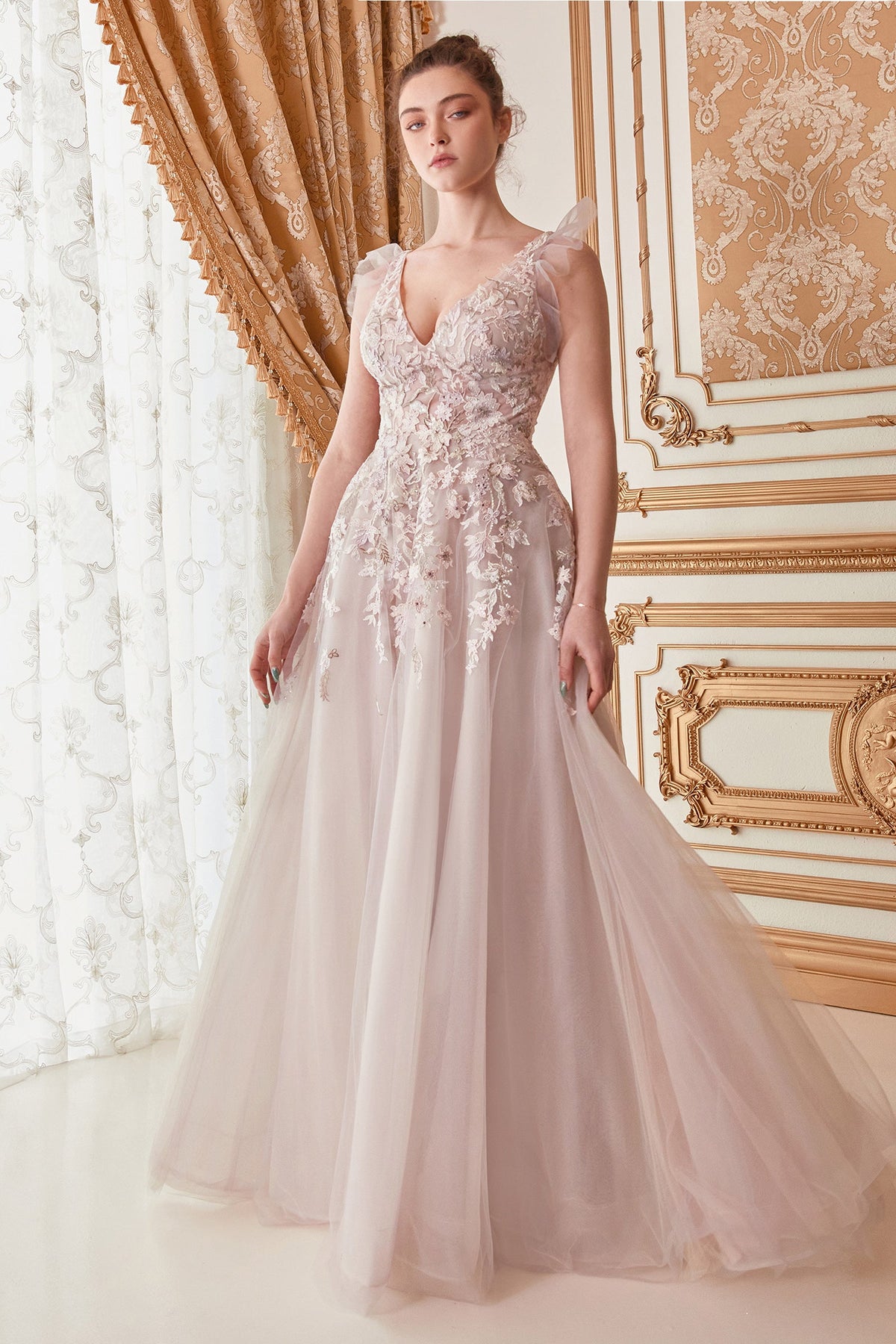 Luxe & Lace: Regal V-Neckline A-Line Tulle Gown for Captivating Occasions