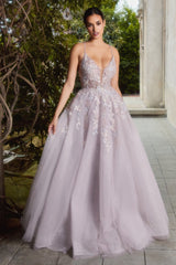 Enchanted Dreams: Captivating V-Neck Gown with Shimmering Accents and Flowing Tulle