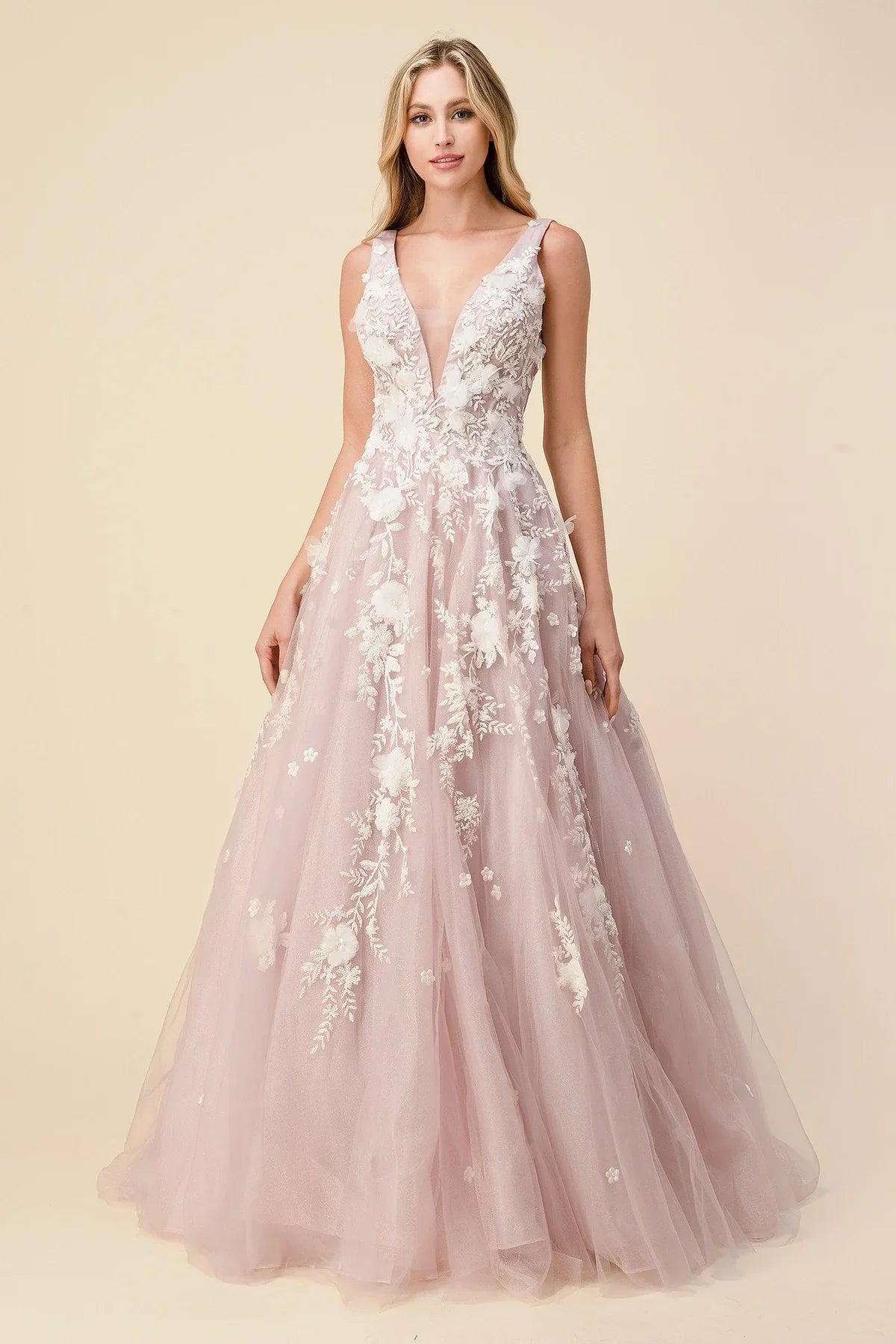 **Enchanting Elegance: Floral AppliquÃ© Ball Gown for Unforgettable Occasions**