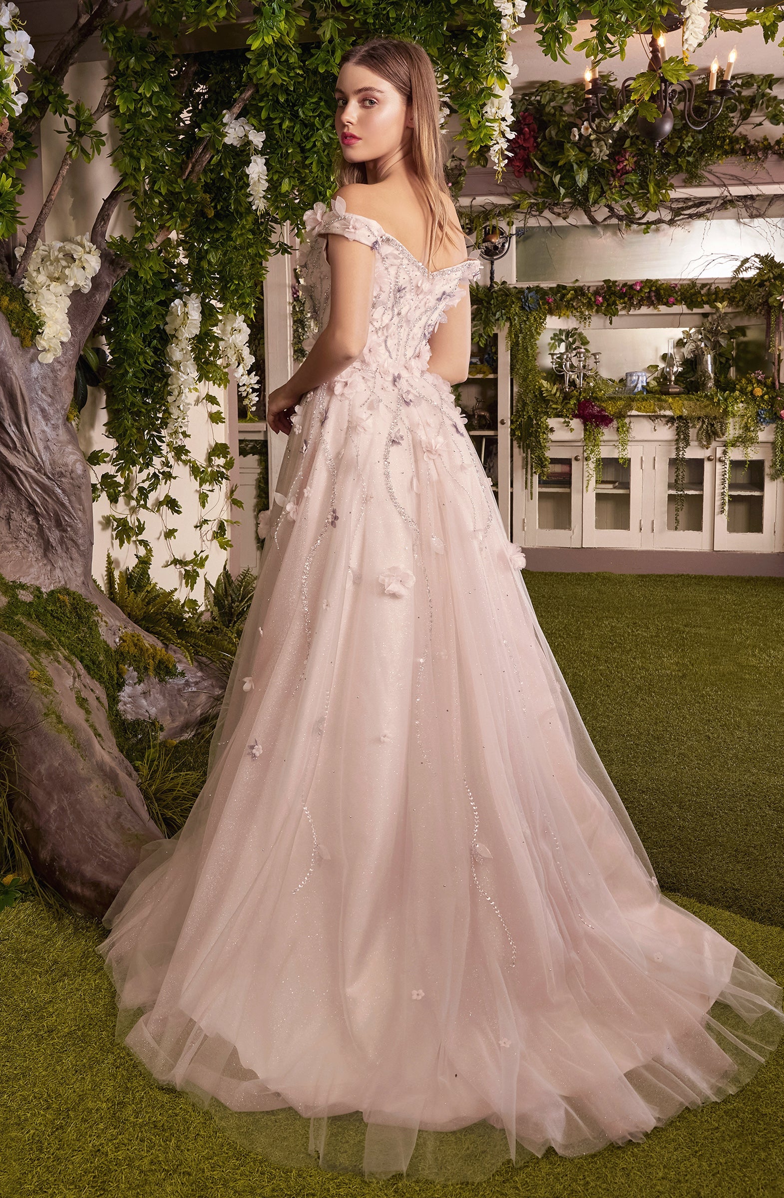 Enchanting Bridal: Shimmering Floral AppliquÃ© Gown for Special Occasions