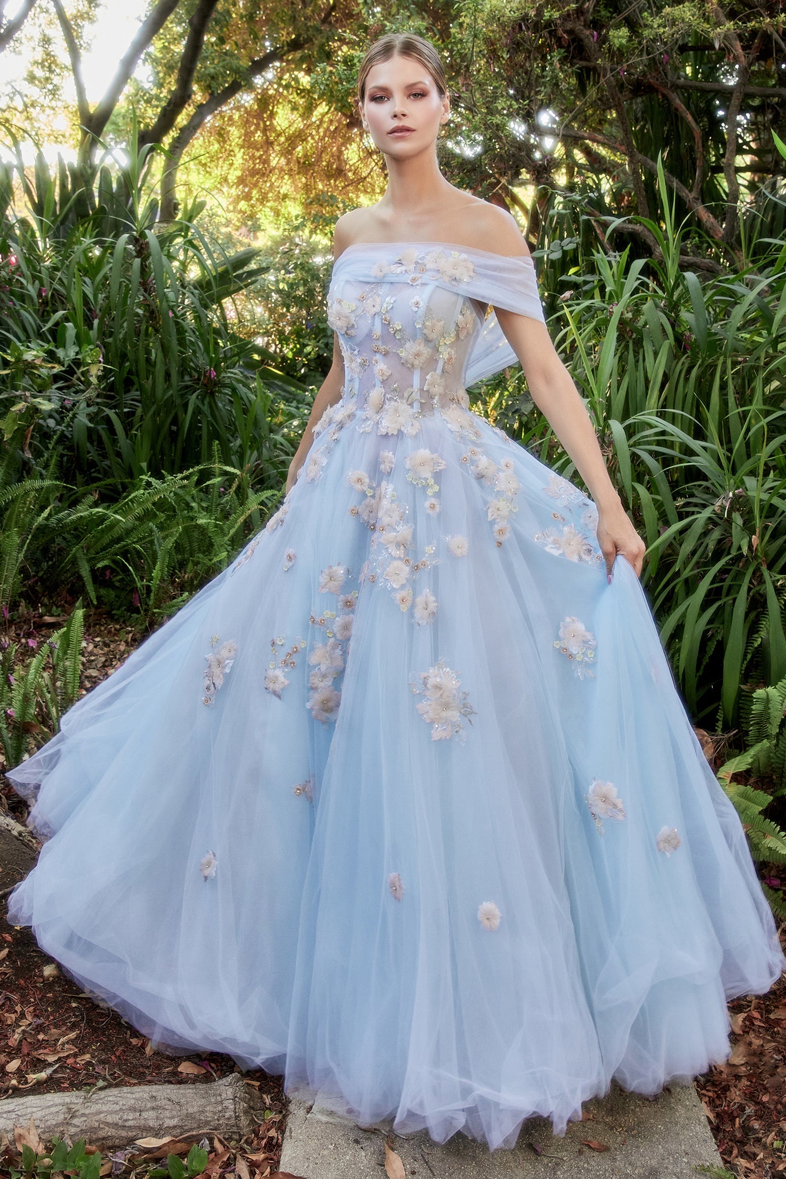 Enchanting Off-the-Shoulder Prom Dress with Detachable Sleeves and Sweep Train by [Brand Name]