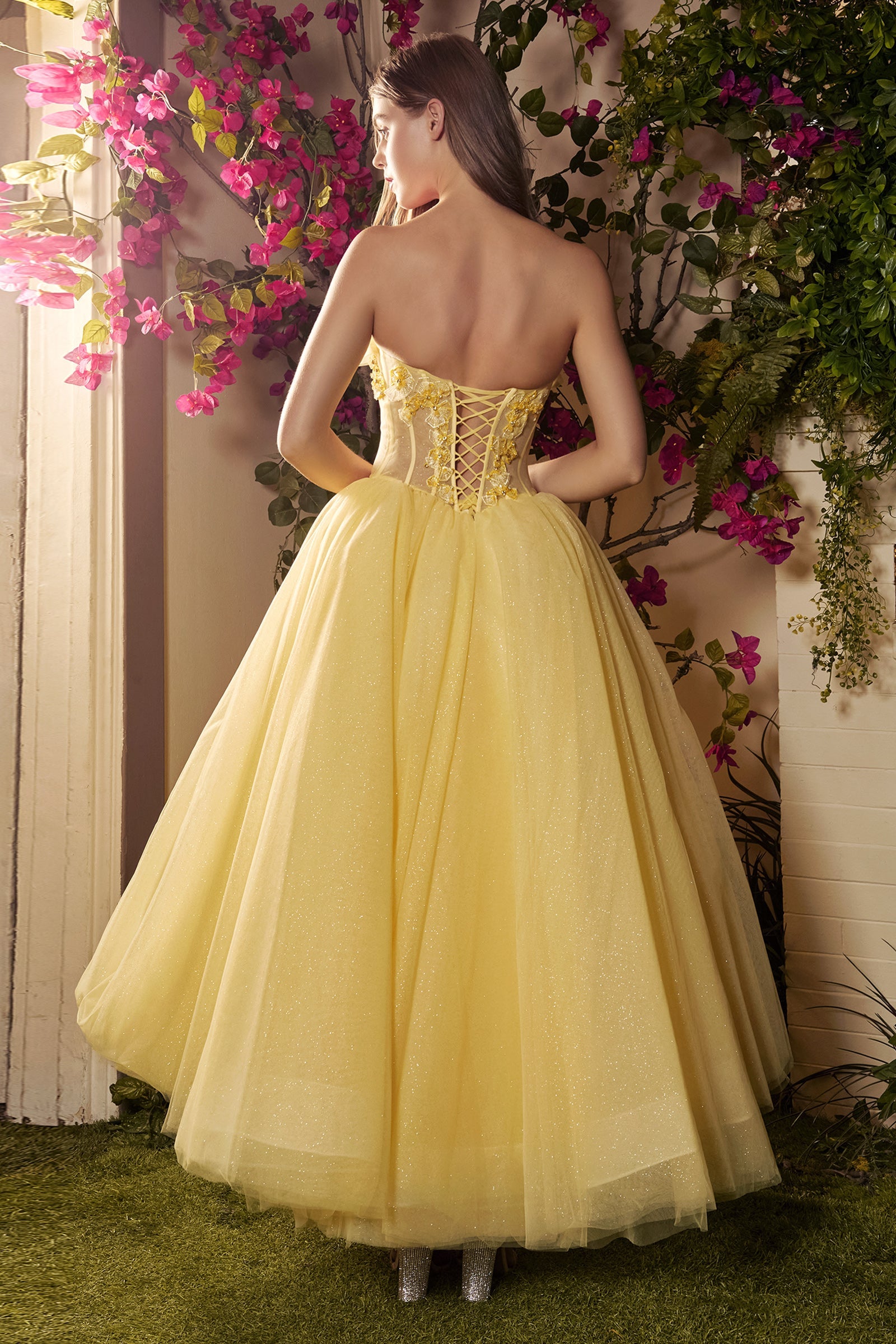 **Floral Fantasy: Embrace Elegance in Our Strapless Floral AppliquÃ© Gown**